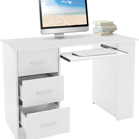 Bureau met drie laden drie legplanken en toetsenbordlade 110x49x75 cm Wit hout ML-Design